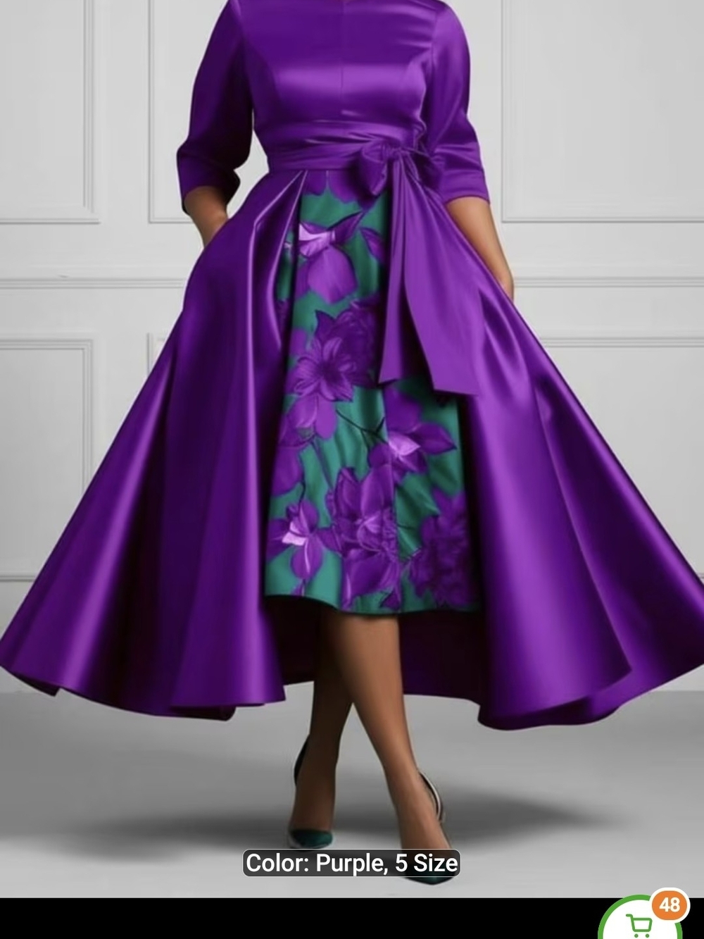 Purple High-Low Satin Dress with Floral Contrast Skirt